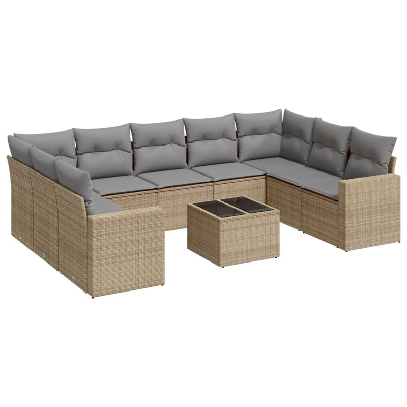 10-delige Loungeset met kussens poly rattan beige