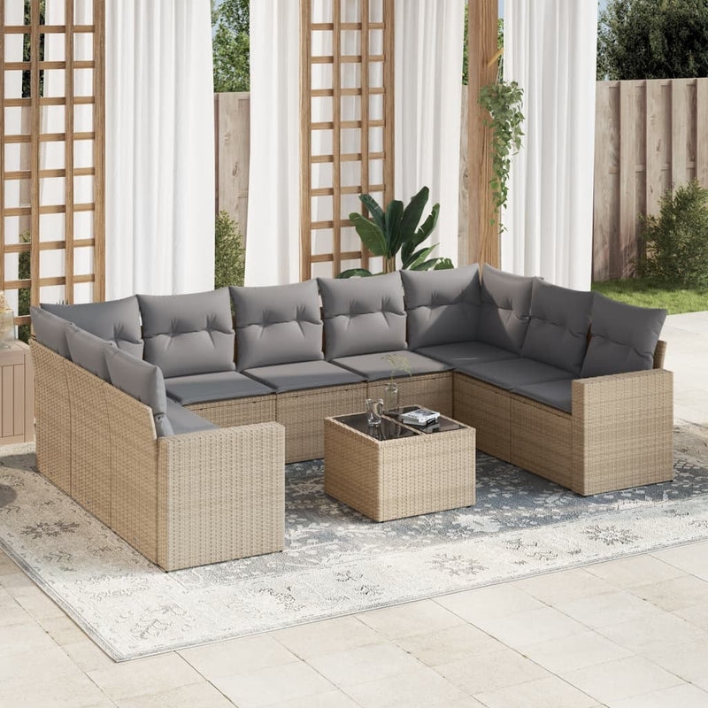 10-delige Loungeset met kussens poly rattan beige