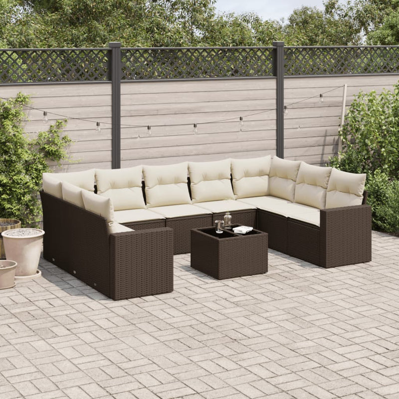 10-delige Loungeset met kussens poly rattan bruin