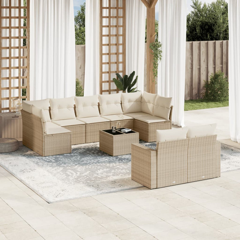 10-delige Loungeset met kussens poly rattan beige