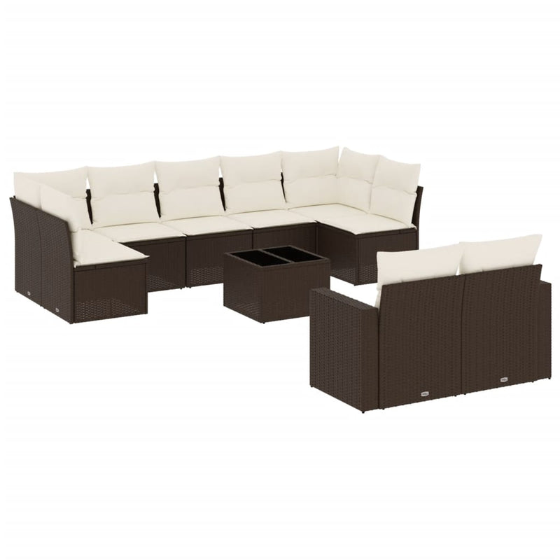 10-delige Loungeset met kussens poly rattan bruin