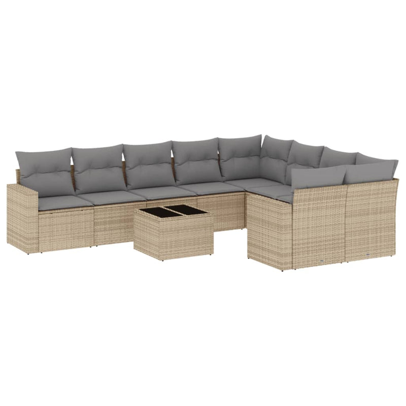 10-delige Loungeset met kussens poly rattan beige