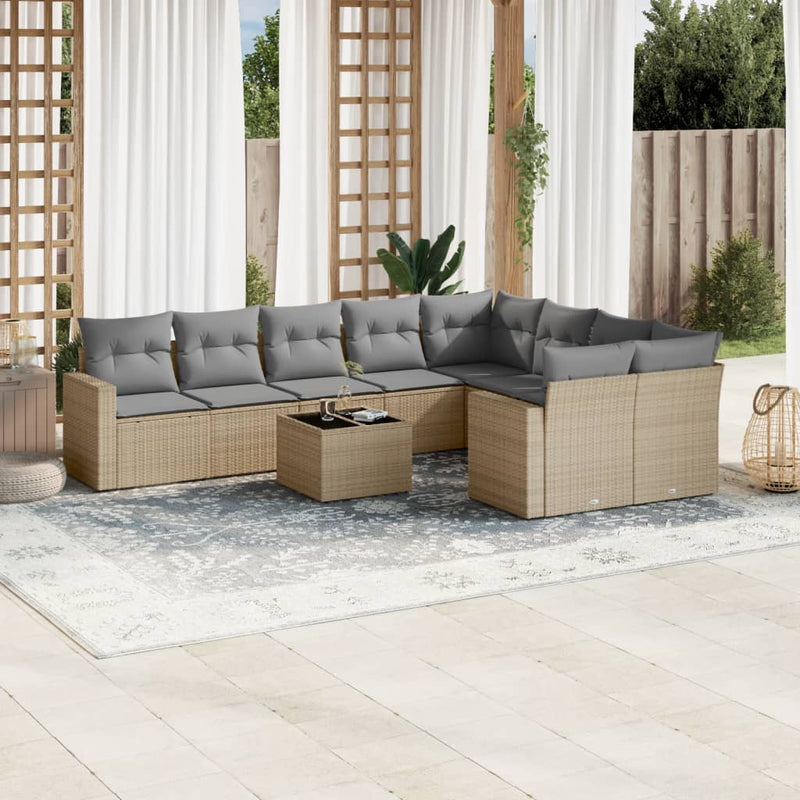 10-delige Loungeset met kussens poly rattan beige