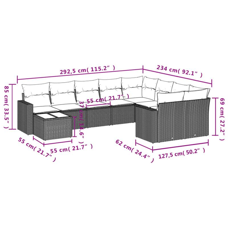 10-delige Loungeset met kussens poly rattan beige