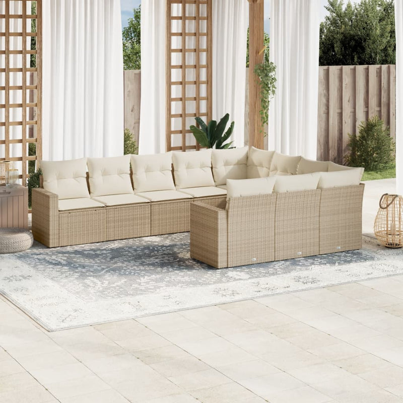 10-delige Loungeset met kussens poly rattan beige