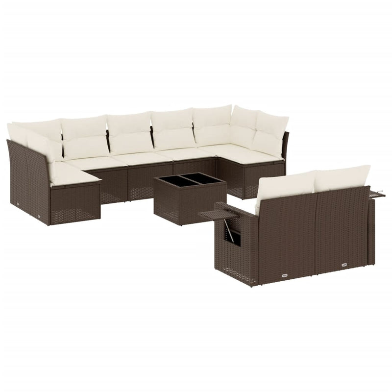 10-delige Loungeset met kussens poly rattan bruin