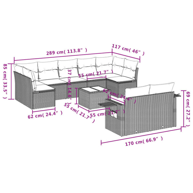 10-delige Loungeset met kussens poly rattan bruin