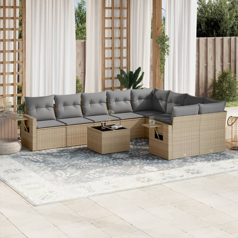 10-delige Loungeset met kussens poly rattan beige