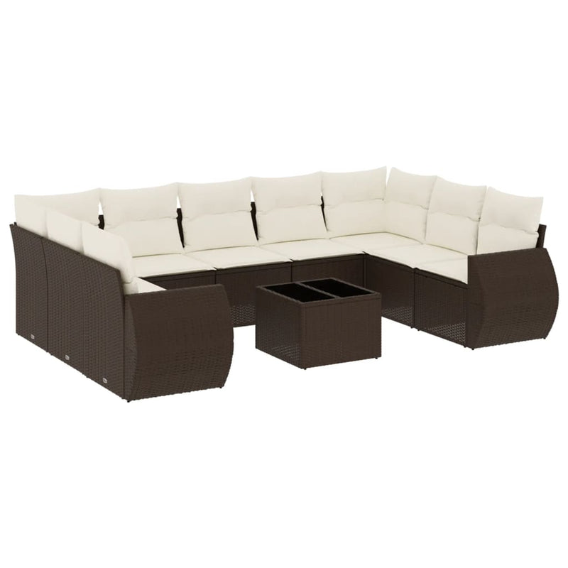 10-delige Loungeset met kussens poly rattan bruin