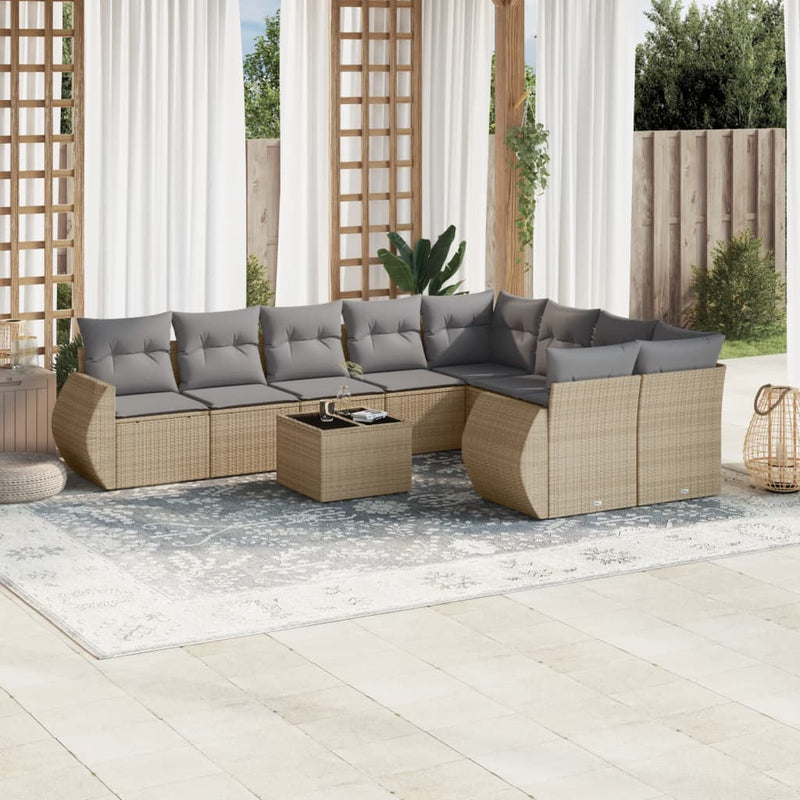 10-delige Loungeset met kussens poly rattan beige