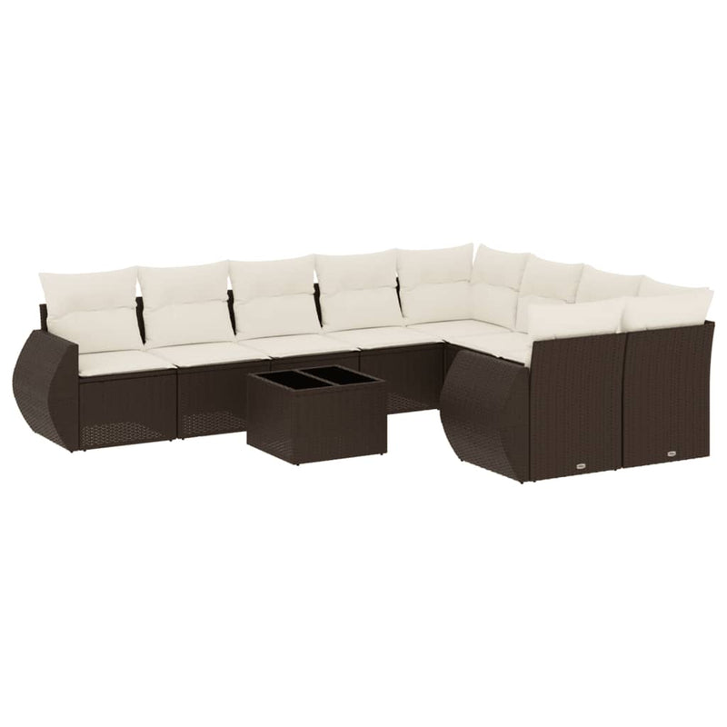 10-delige Loungeset met kussens poly rattan bruin