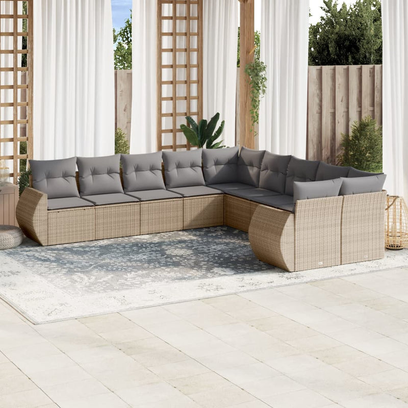 10-delige Loungeset met kussens poly rattan beige