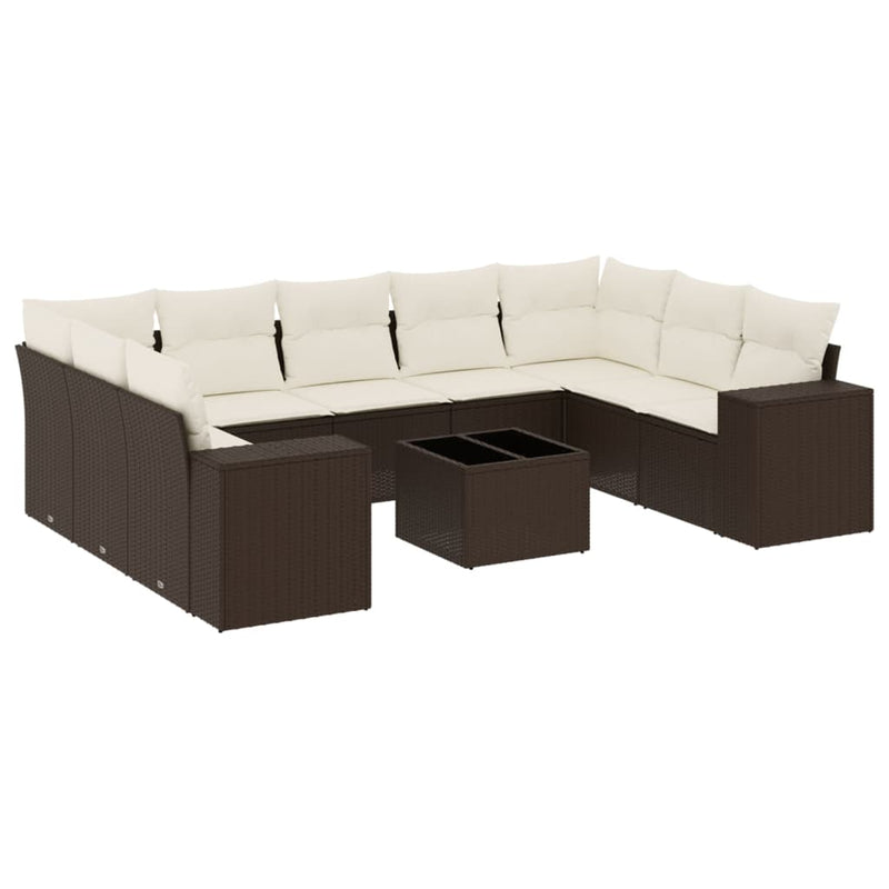 10-delige Loungeset met kussens poly rattan bruin