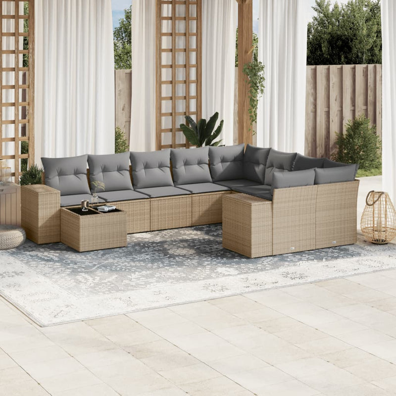 10-delige Loungeset met kussens poly rattan beige