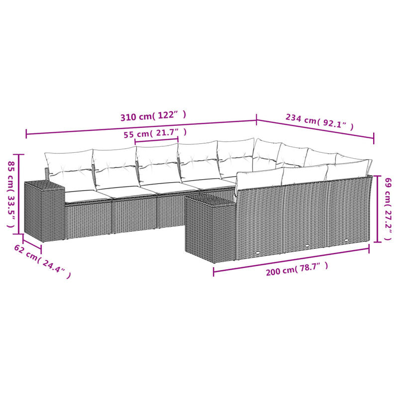 10-delige Loungeset met kussens poly rattan bruin