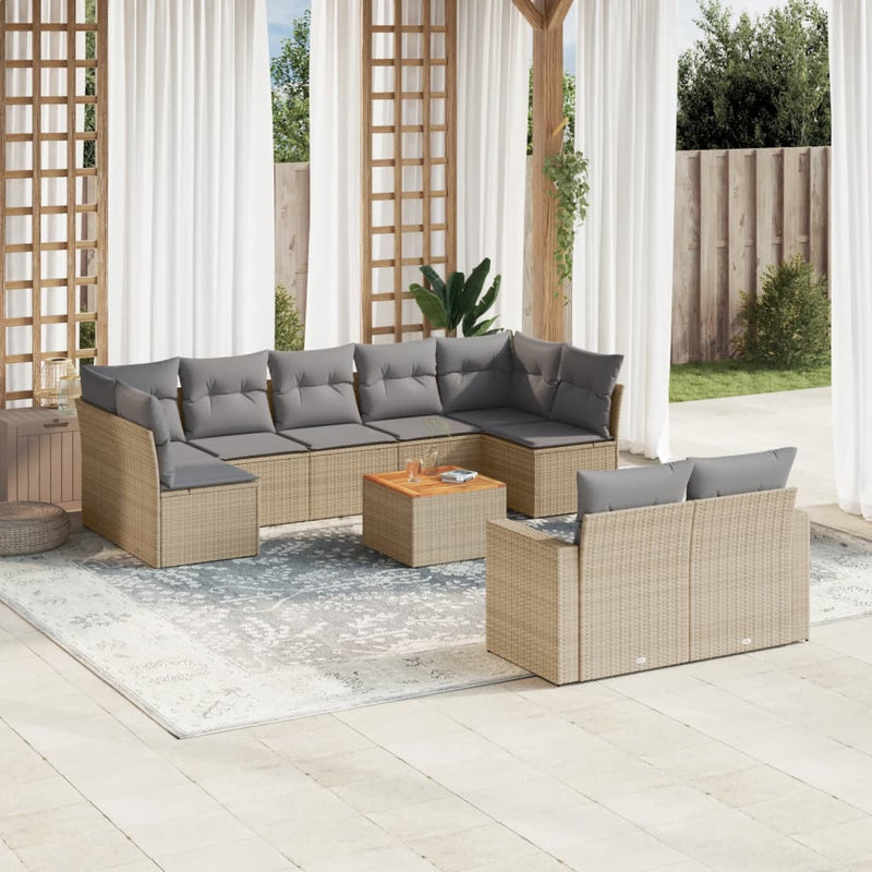 10-delige Loungeset met kussens poly rattan gemengd beige