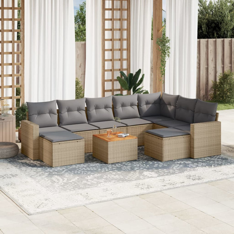 10-delige Loungeset met kussens poly rattan gemengd beige