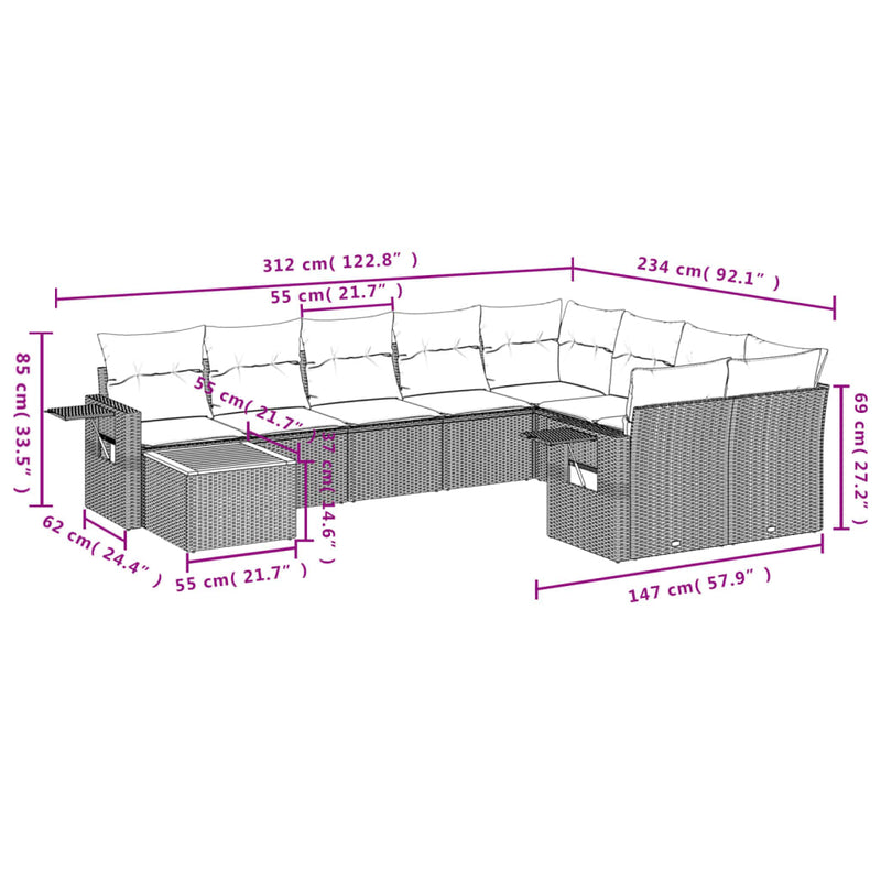 10-delige Loungeset met kussens poly rattan gemengd beige