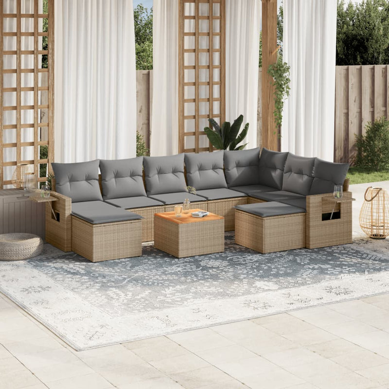 10-delige Loungeset met kussens poly rattan gemengd beige