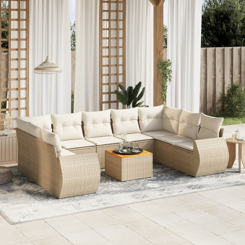 10-delige Loungeset met kussens poly rattan beige