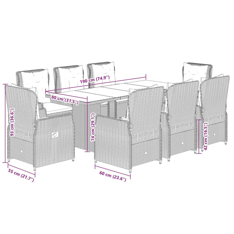 9-delige Tuinset met kussens poly rattan lichtgrijs