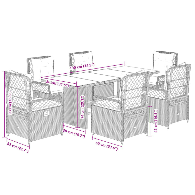 7-delige Tuinset met kussens poly rattan zwart