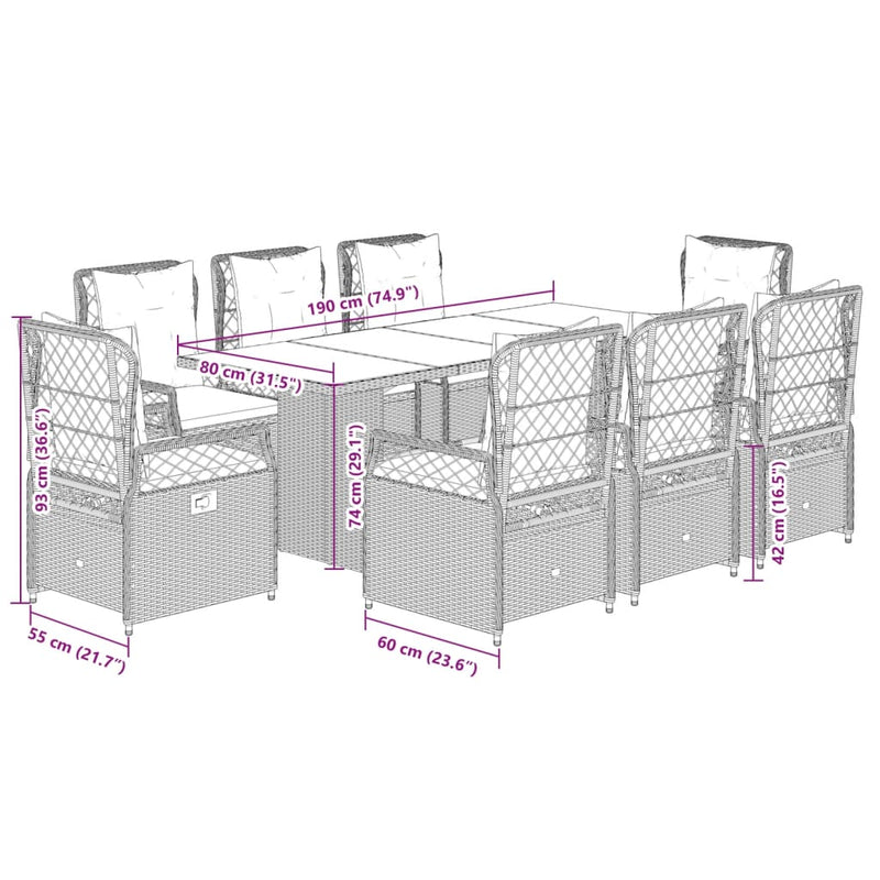 9-delige Tuinset met kussens poly rattan bruin