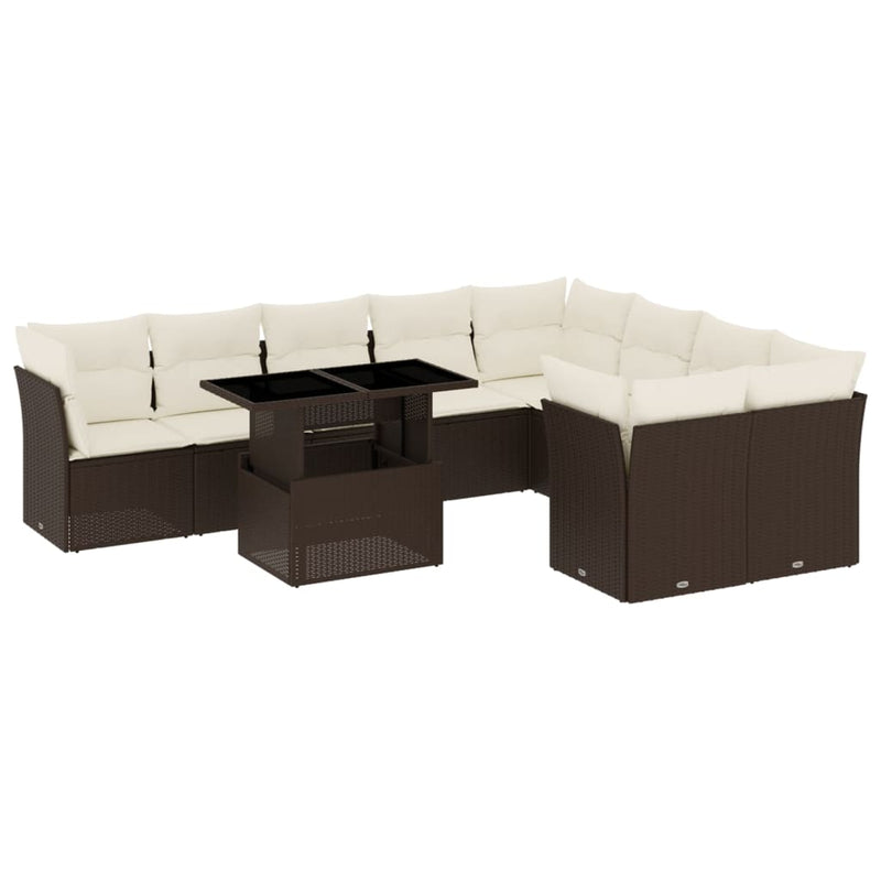 10-delige Loungeset met kussens poly rattan bruin