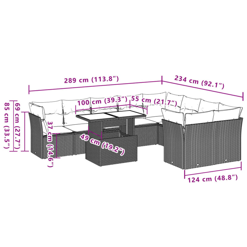 10-delige Loungeset met kussens poly rattan bruin