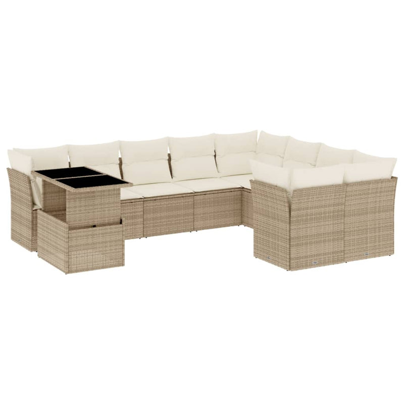 10-delige Loungeset met kussens poly rattan beige