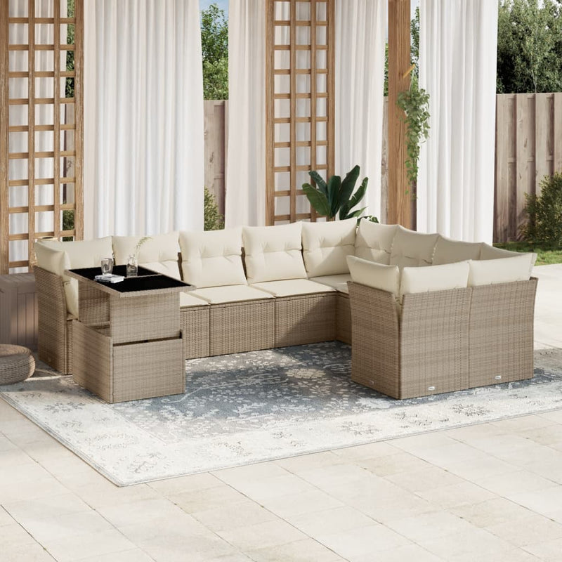 10-delige Loungeset met kussens poly rattan beige