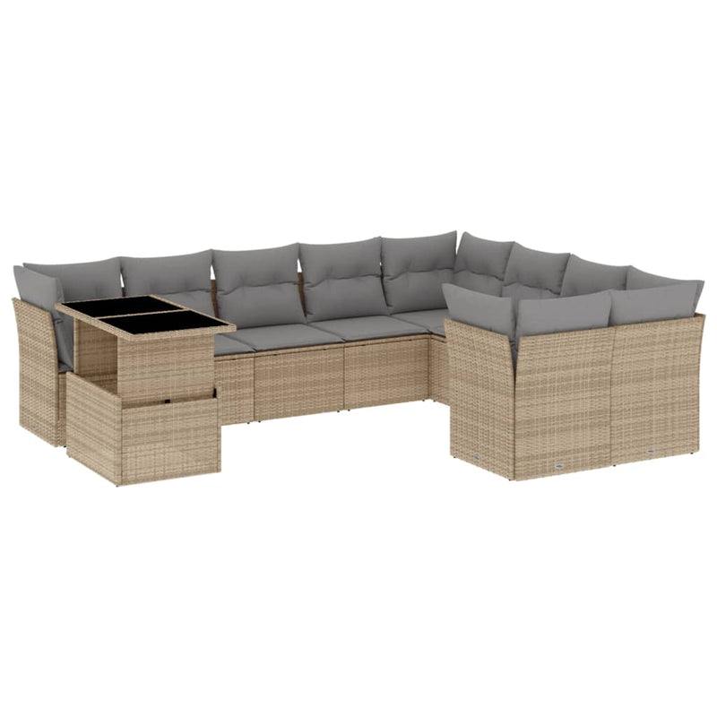 10-delige Loungeset met kussens poly rattan beige