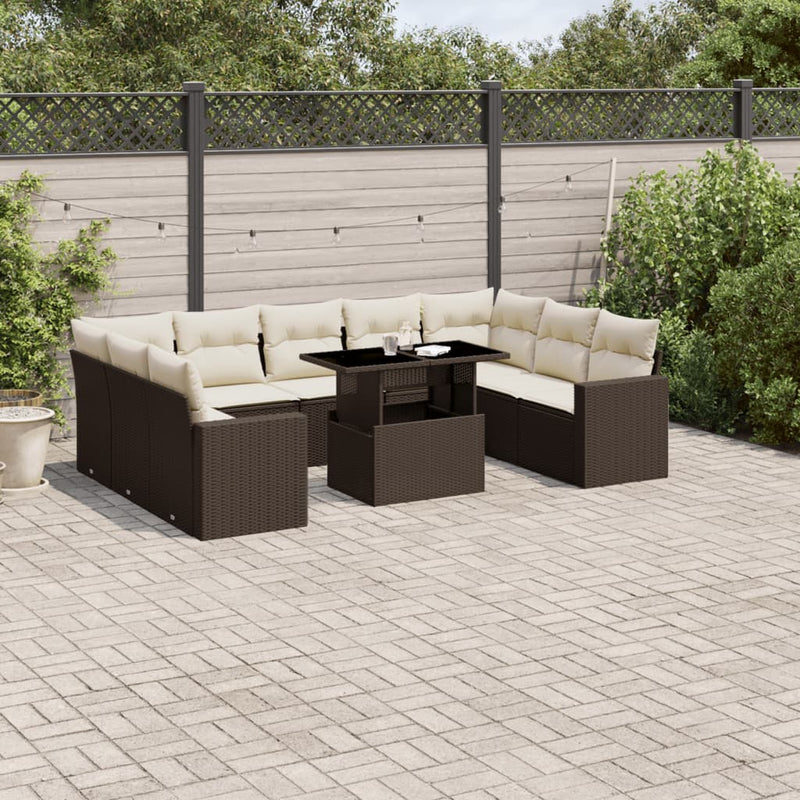 10-delige Loungeset met kussens poly rattan bruin