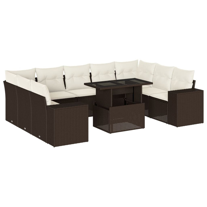 10-delige Loungeset met kussens poly rattan bruin