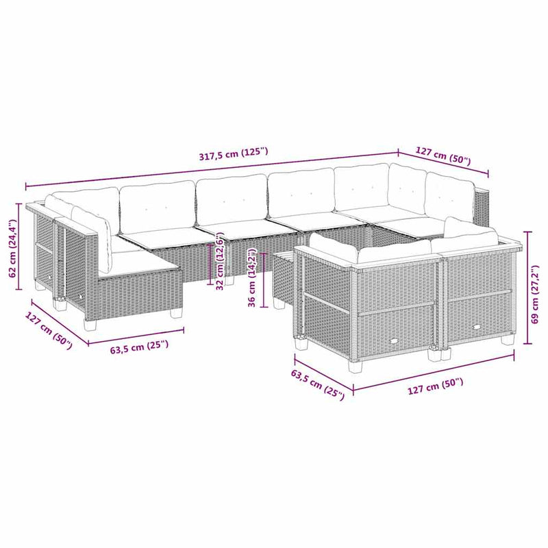 10-delige Loungeset met kussens poly rattan beige