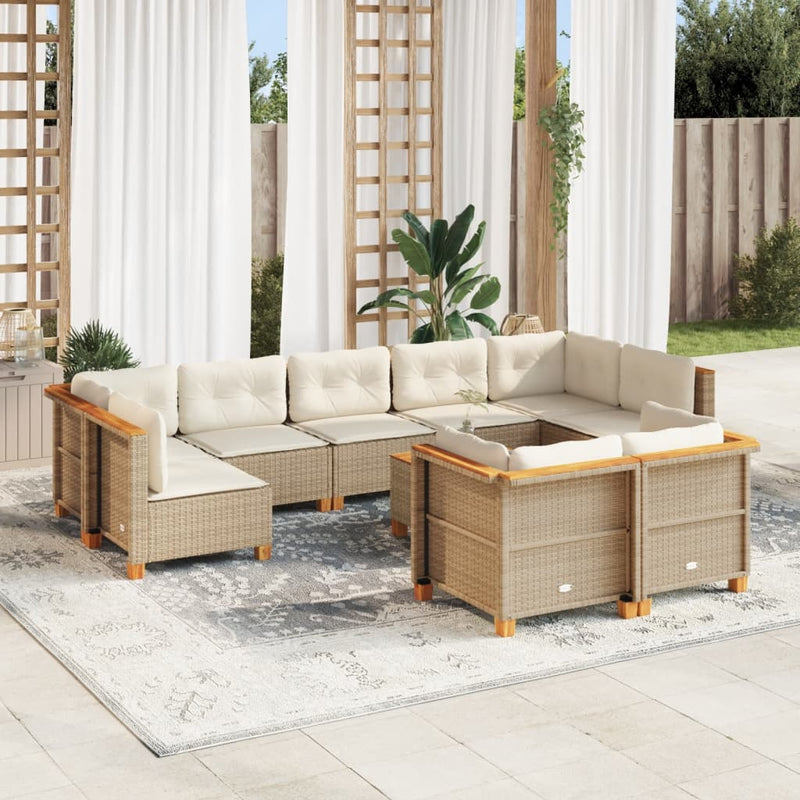 10-delige Loungeset met kussens poly rattan beige