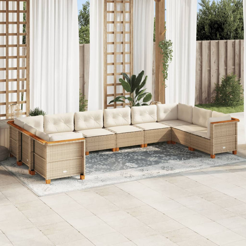 10-delige Loungeset met kussens poly rattan beige