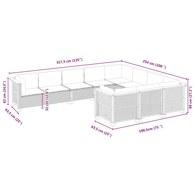 10-delige Loungeset met kussens poly rattan beige