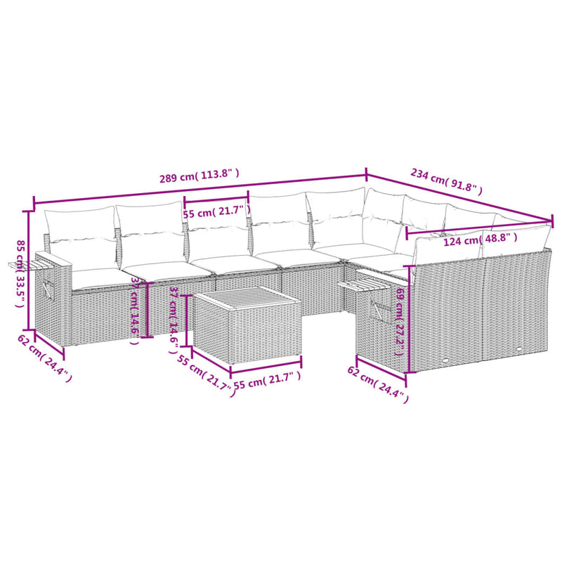 10-delige Loungeset met kussens poly rattan beige