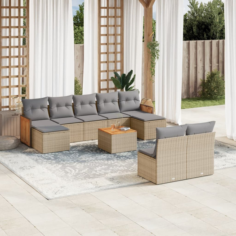 10-delige Loungeset met kussens poly rattan beige