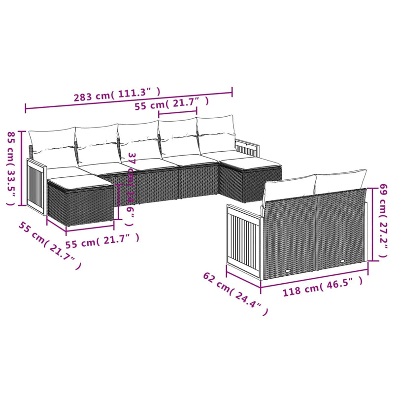 10-delige Loungeset met kussens poly rattan beige