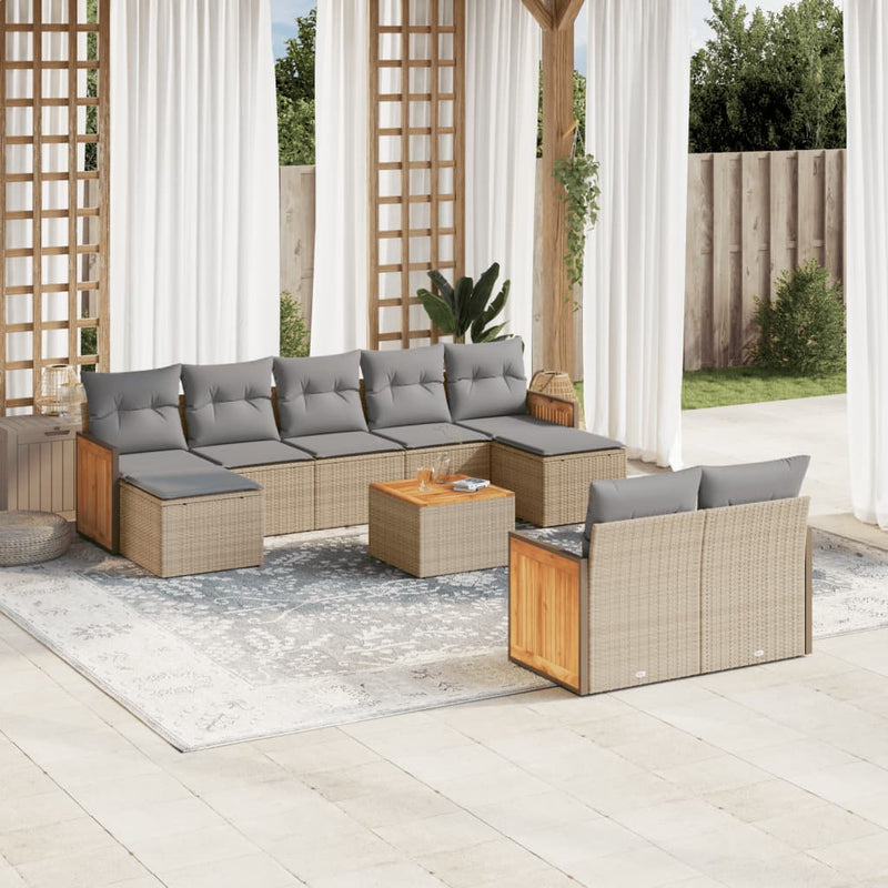 10-delige Loungeset met kussens poly rattan beige