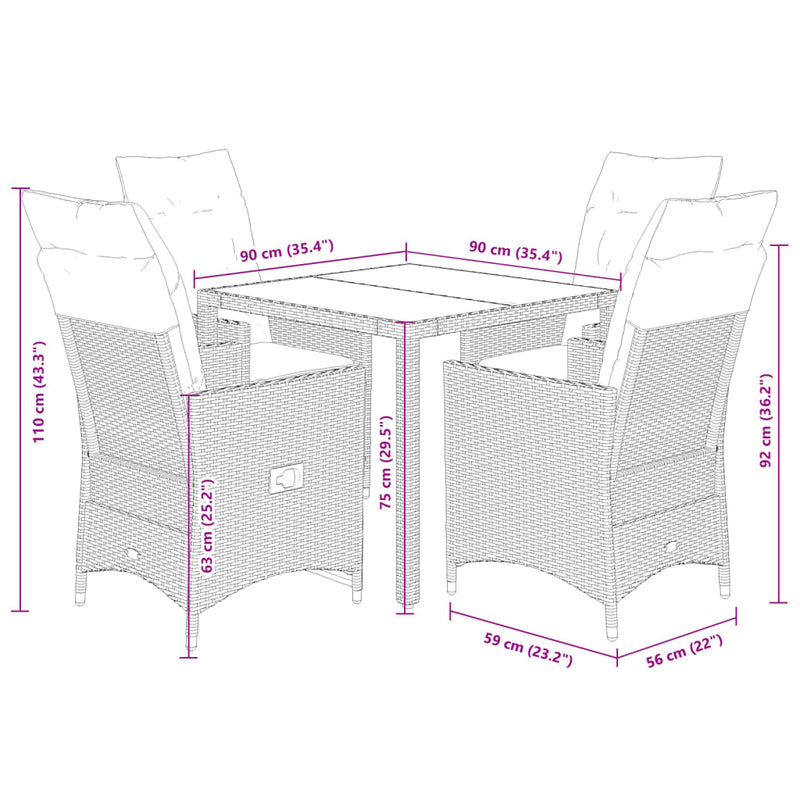 5-delige Tuinset met kussens poly rattan zwart