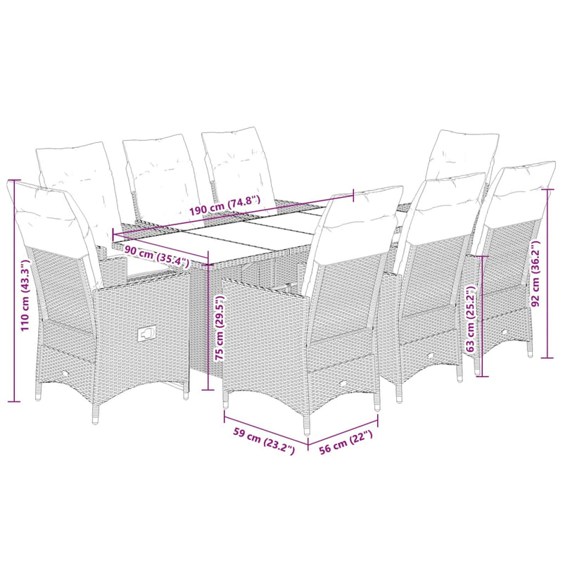 9-delige Tuinset met kussens poly rattan bruin