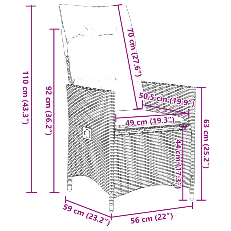 3-delige Bistroset met kussens poly rattan beige