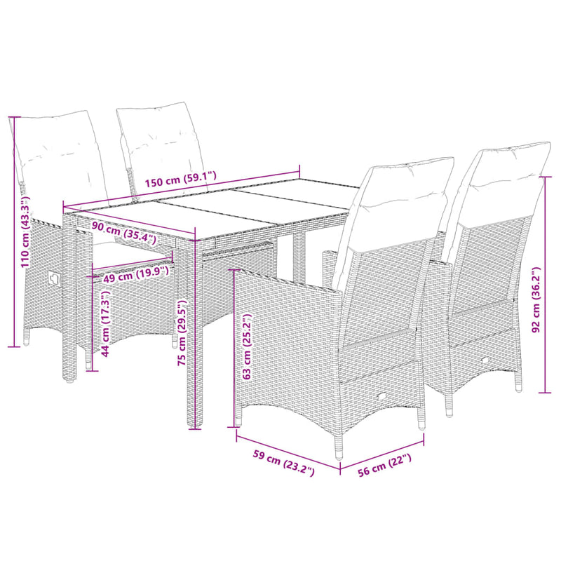 5-delige Tuinset met kussens poly rattan beige