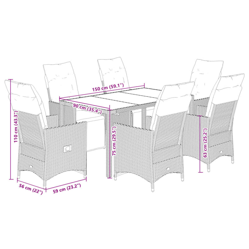 7-delige Bistroset met kussens poly rattan bruin