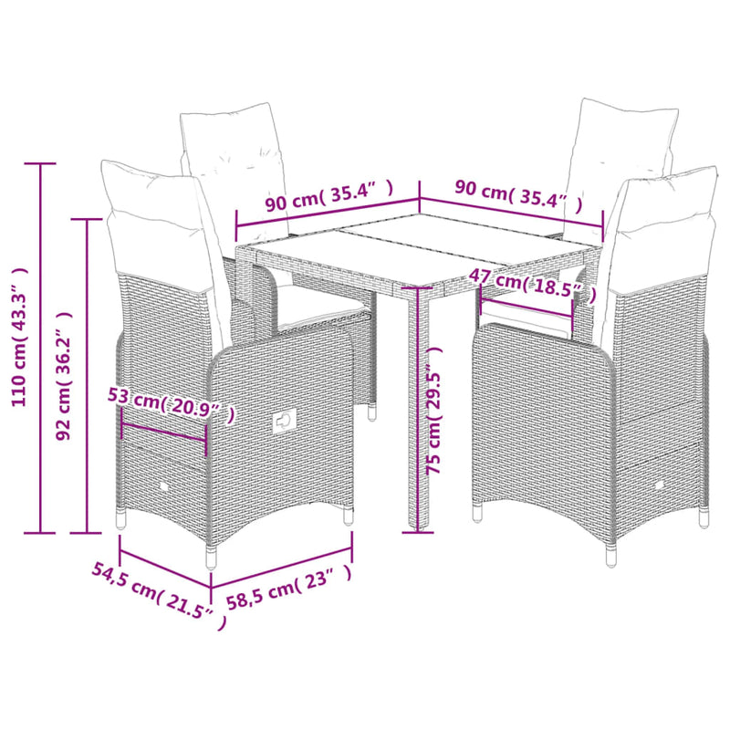 5-delige Bistroset met kussens poly rattan zwart