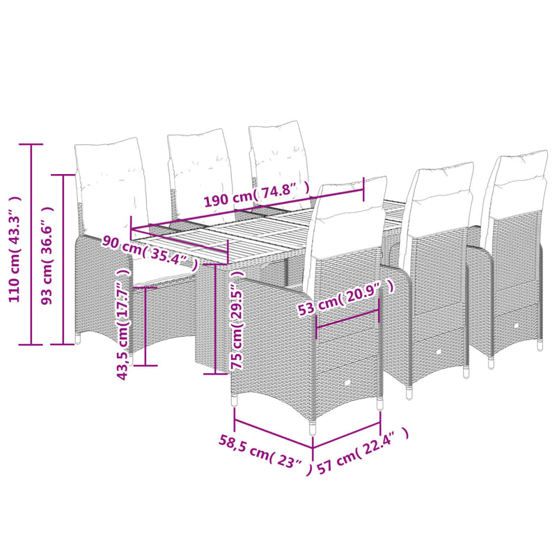 7-delige Bistroset met kussens poly rattan grijs