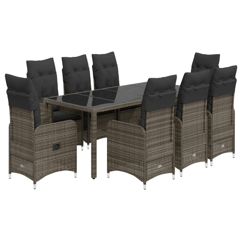 9-delige Bistroset met kussens poly rattan grijs